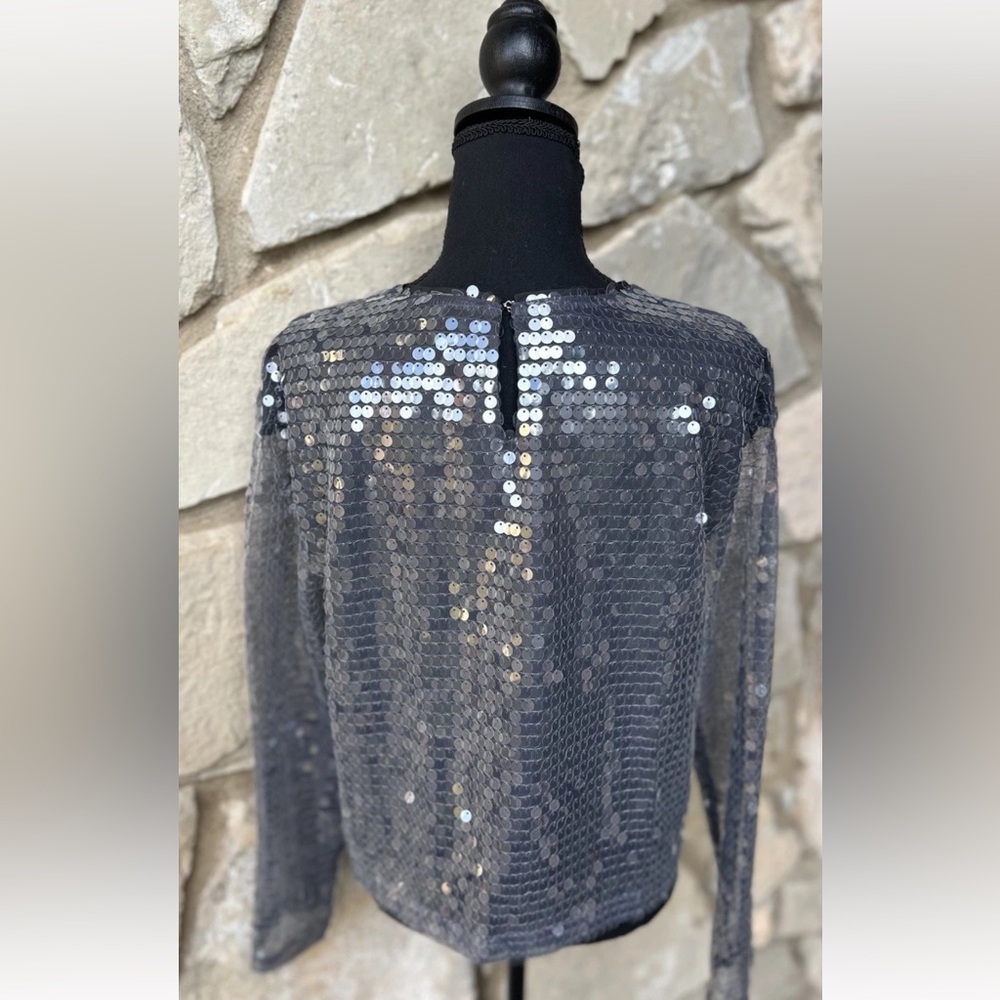 Bold Elements Sequin Blouse Top Size Medium Gray Mesh Lined Long Slv Excellent - Picture 5 of 7